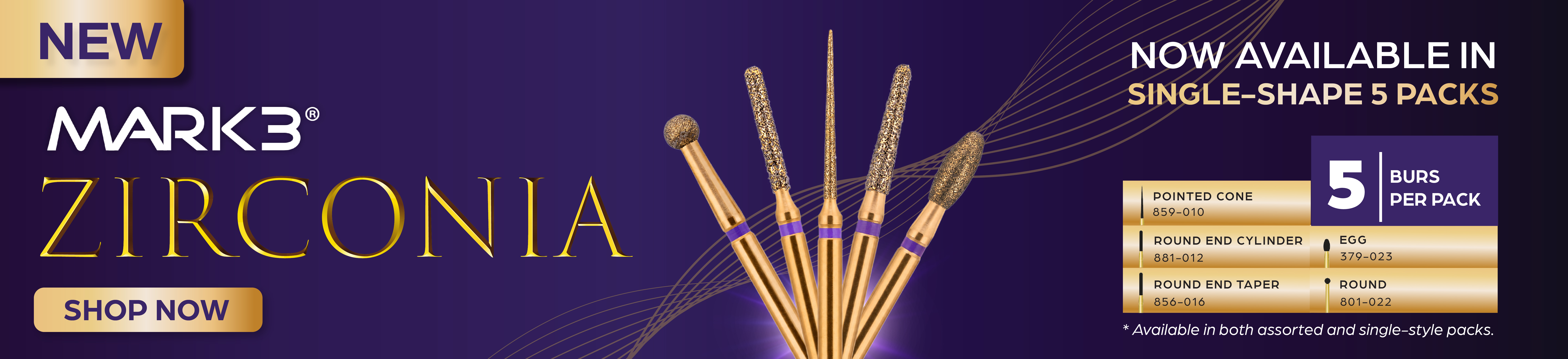MARK3 Zirconia Diamond Burs - Single-Shape 5 Packs